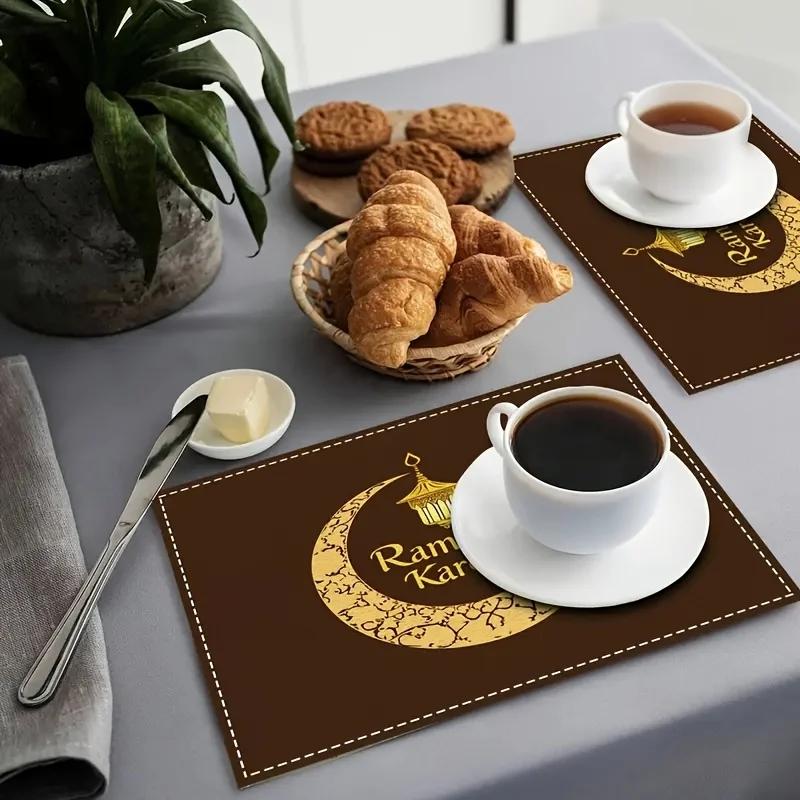 4/6pcs Ramadan Linen Placemats - Lantern & Moon Woven Table Mats for Kitchen, Dining & Celebration Decor, Hand Wash