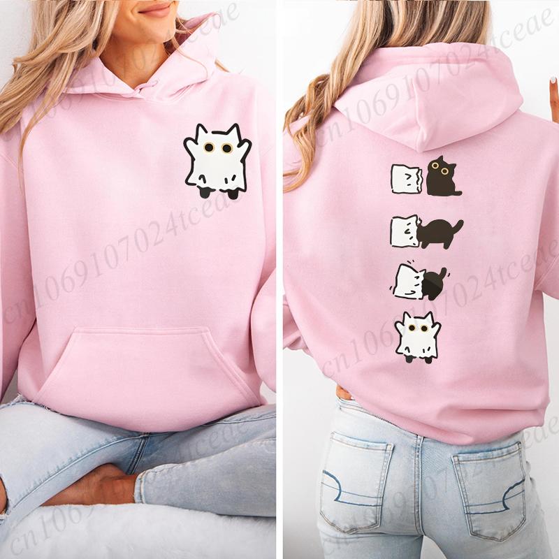 Autumn Fleece Hoodie Boo Black Cat Printed Hooded Halloween Fashion Sweatshirts Long Sleeve Top Drawstring Pockets Loose Hoodies