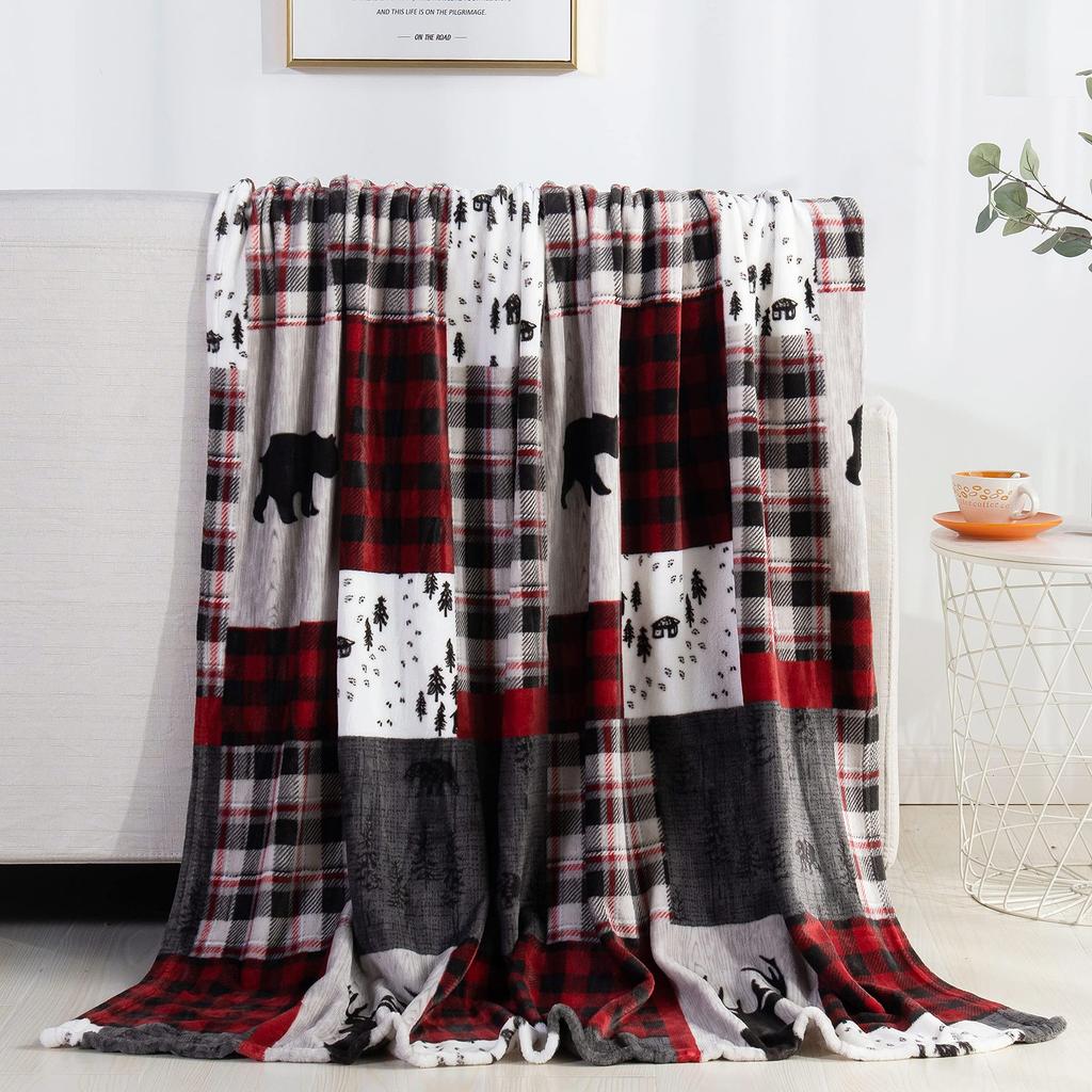 2025 Flannel Throw Blanket Wine Red Blanket Reindeer Christmas Blanket Holiday Gift Sofa Blanket