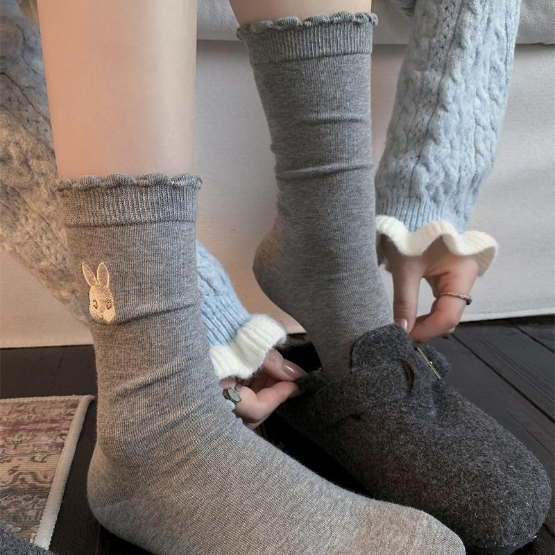 Cartoon Embroidered Socks, Girls' Lace, Cute Little Rabbit Socks, Pure Cotton Mid-calf Pile Socks