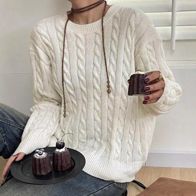 Womens Chunky Cable Knit Sweater Loose Fit Round Neck Long Sleeve Fall Winter Casual Top