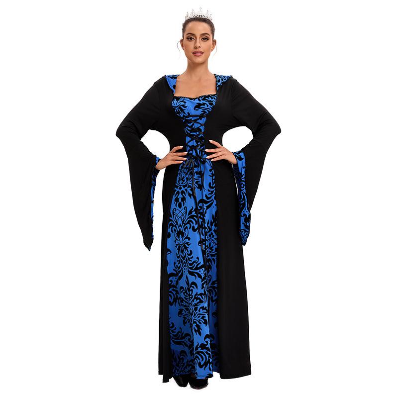 Women's Dinner Medieval Hooded Pendulum Dress Printed Retro Literary Long Sleeve Lace Up Waist