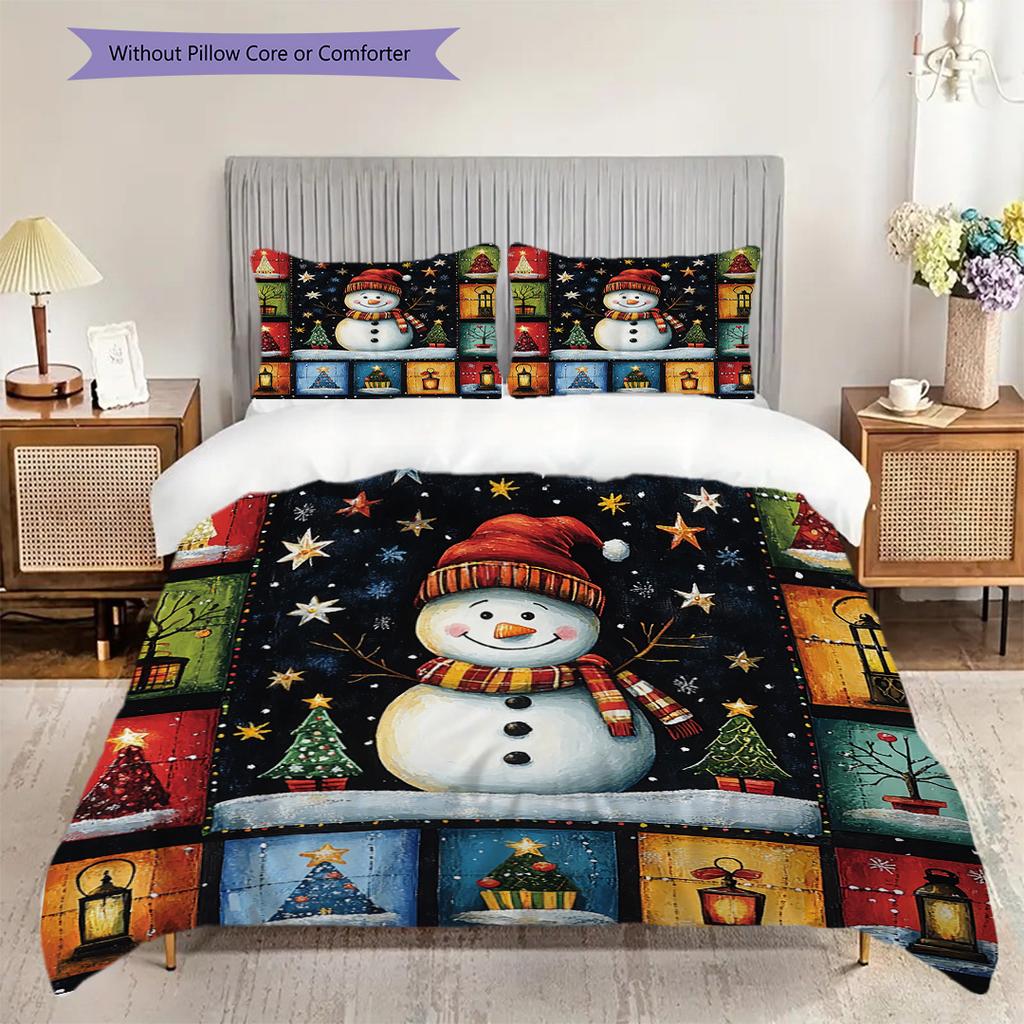 snowman Pattern Bedding Quilt Set Quilt Cover Pillowcase Home Decoration Birthday Gift (1 * duvet cover + 2 * pillowcase, without core)