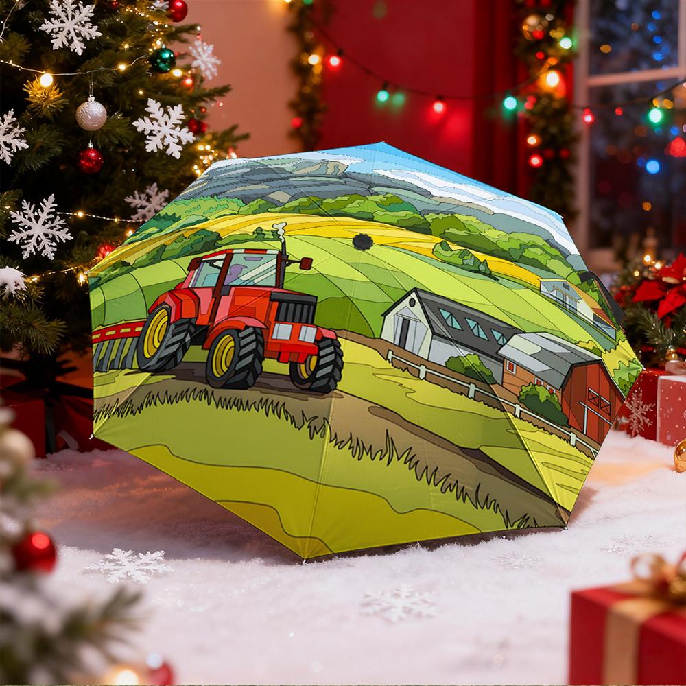 Umbrella with Stained Glass Style Farm Red Tractor Barn Landscape Print, Windproof Travel Umbrella for Adults, Country Gift