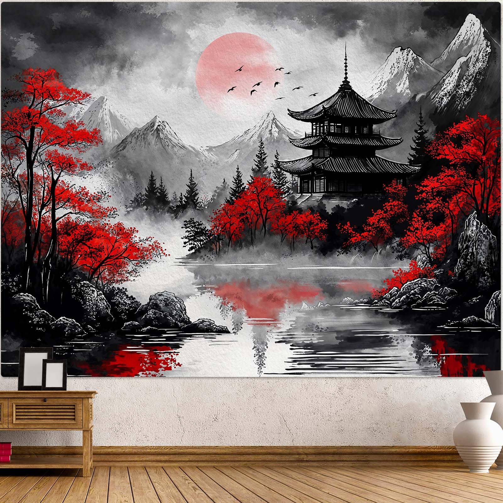 Samurai Vs Dragon Tapestry, Japanese Style Art With Samurai Warrior, Mythical Dragon And Scenic Landscape Wall Art For Aesthetic 70x100CM