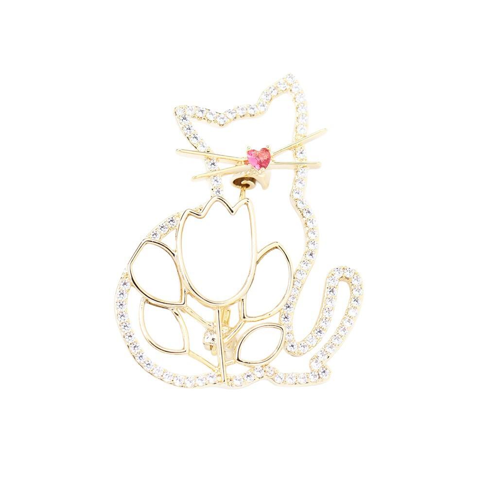 New Delicate Diamond Hollow Diamond Cat Brooch Sweet Versatile Animal Shell Tulip Pin Anti-light