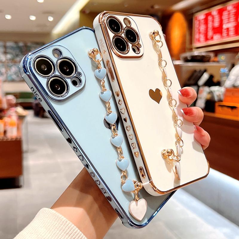 Soft Electroplated Love Heart Silicone Case For iPhone 11 12 13 Pro Max XS X XR 7 8 Plus SE  Mini Bracelet Bumper Cover