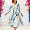 Women Plus Size V Neck Furry Trim Long Sleeve Self Tie Belt Abstract Print Gradient Blue Dress