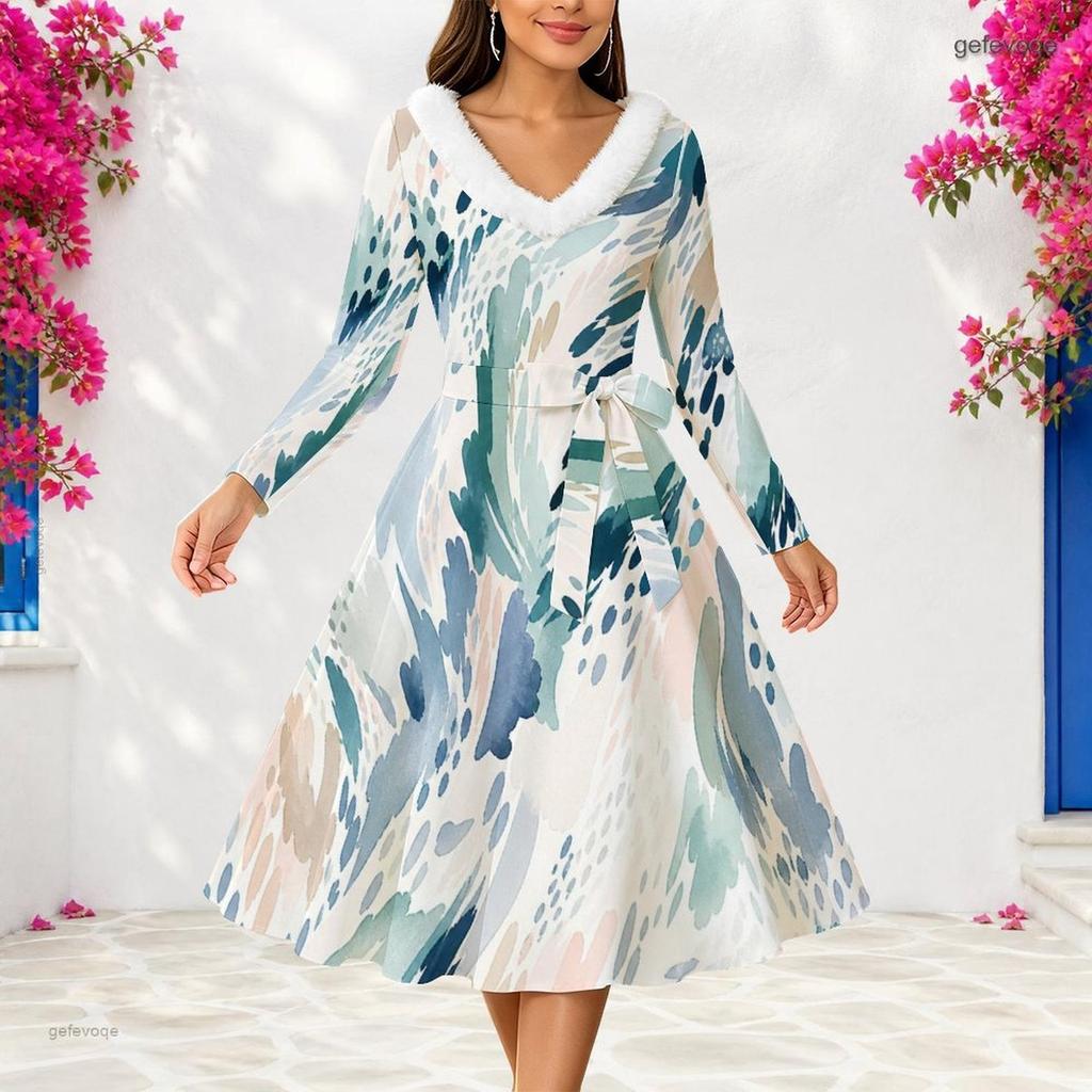 Women Plus Size V Neck Furry Trim Long Sleeve Self Tie Belt Abstract Print Gradient Blue Dress