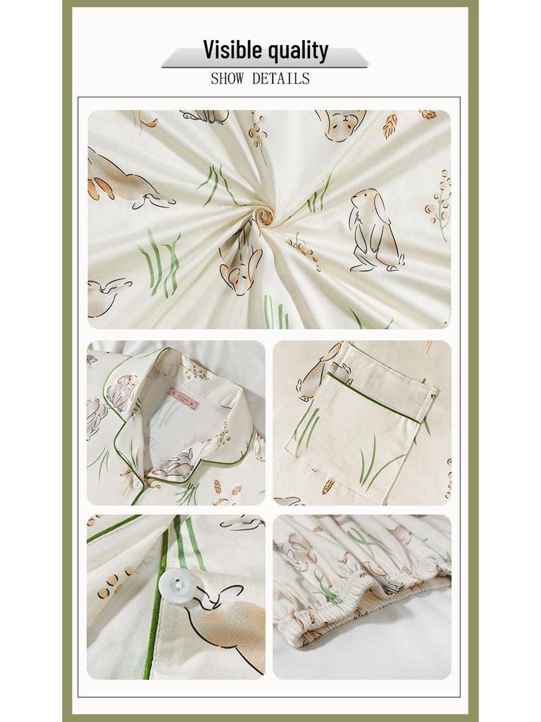 Pastoral Women's Pajama Set: Soft, Cute Rabbit Design, Short-Sleeve, Casual Three-Piece Loungewear.