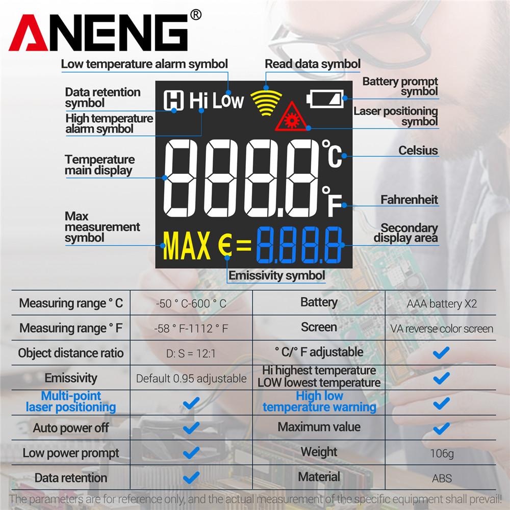 New Infrared Thermometer -50~600℃ Digital Temperature Meter Non-contact Pyrometer Tester IR Hygrometer Industrial Tool ANENG TH203 Kitchen Baked Foods