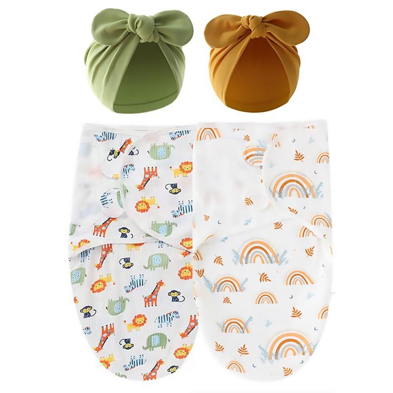 Newborn Cotton Swaddle Wrap With Bow Hat Set Fall Baby Sleep Calm Startle Reflex
