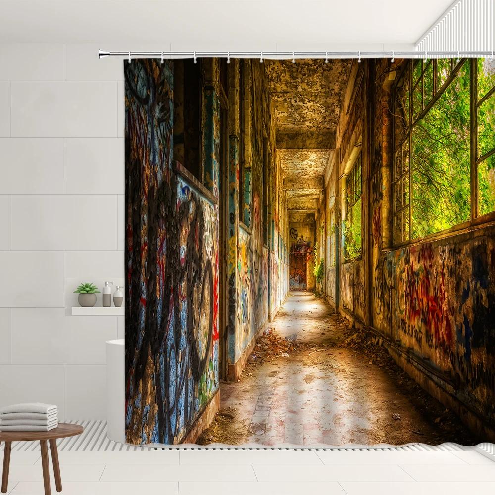 Set Tende da Doccia Finestra Retrò Foresta Autunnale Cascata Strada Vintage Fiore Pianta Architettura Moderna Paesaggio Schermi per Bagno
