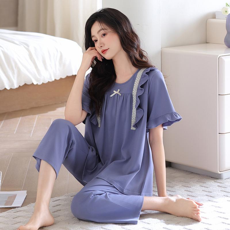 pure cotton pajamas women's summer short-sleeved eight-point pants thin summer women's 1011 new high-end summer loungewear