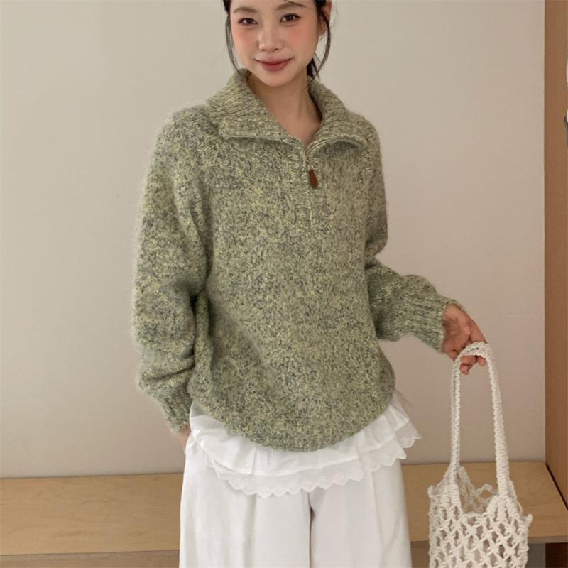 Flower Yarn Half Zipper Pullover Knitted Sweater Outer Wear Autumn and Winter New Loose Versatile Sweater Women's Top Thick