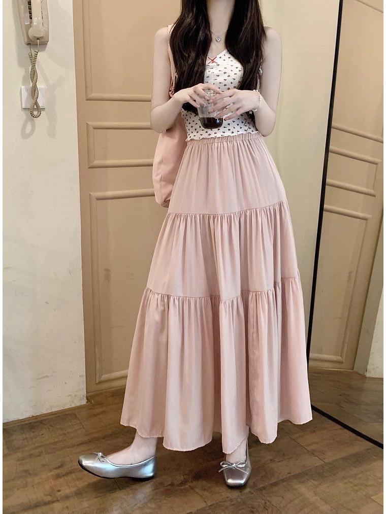 Sweet Petite Slimming Pleated Long Skirt: Lined, Layered, Solid Color, Waist-Cinching Half-Skirt for Women