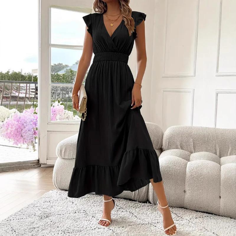 Fashion Summer Short Sleeved Elegant Casual Dress Solid Color Cross V Neck Simple Sleeveless Ruffled A-line Party Long Dresses Loose Women's Clothing