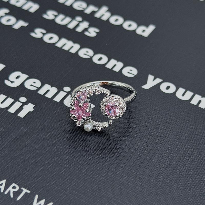 Süßer Mädchenstil Silber-Rosa Diamantenbesetzter Schatz Schleife Stern Krone Offener Ring Nische Stapelring Frau