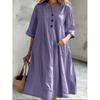 Women's Mid-Length V-Neck Cotton Linen Dress with Short Sleeves and Three-Button Pocket