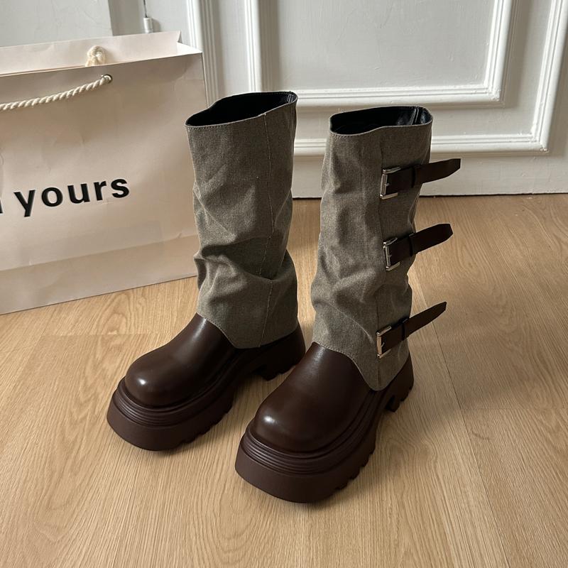 Fashion Winter Fashion Platform Heels Women Knight Boots Fashion Belt Buckle Slip On Shoes Ladies Elegant Mid Calf Booties
