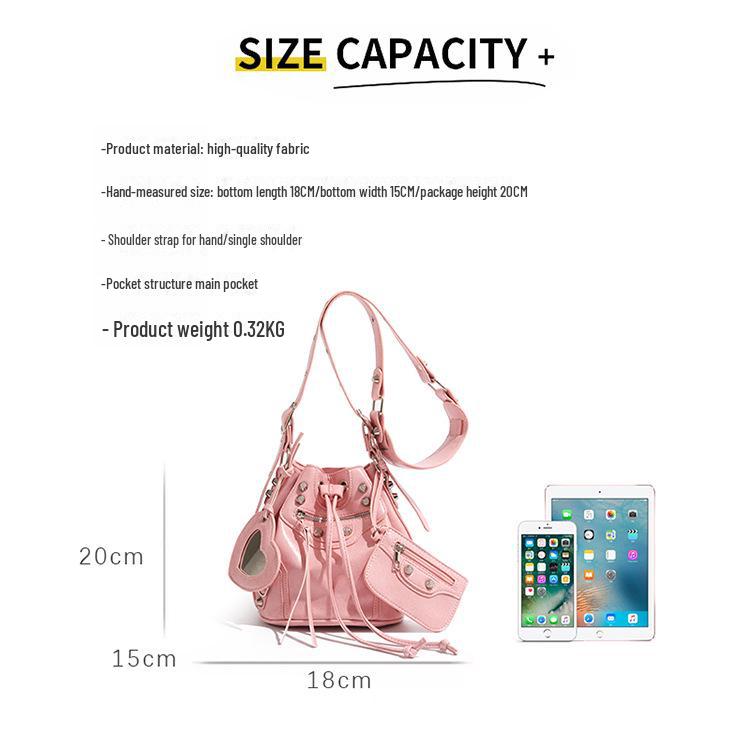 2024 Women's Summer Bucket Bag Set: Fashion Drawstring, Rivet Design, with Wide Shoulder Strap and Messenger Bag.