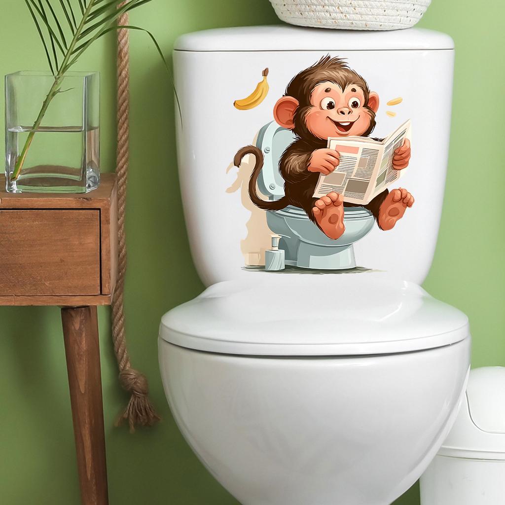 Creative Cartoon Monkey Reading Newspaper Toilet Lid Sticker Self-Adhesive Removable for Bathroom Home Decor