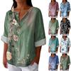 Women's Fashionable Casual V-neck Button Seven Quarter Sleeve Printed Cotton And Linen Top