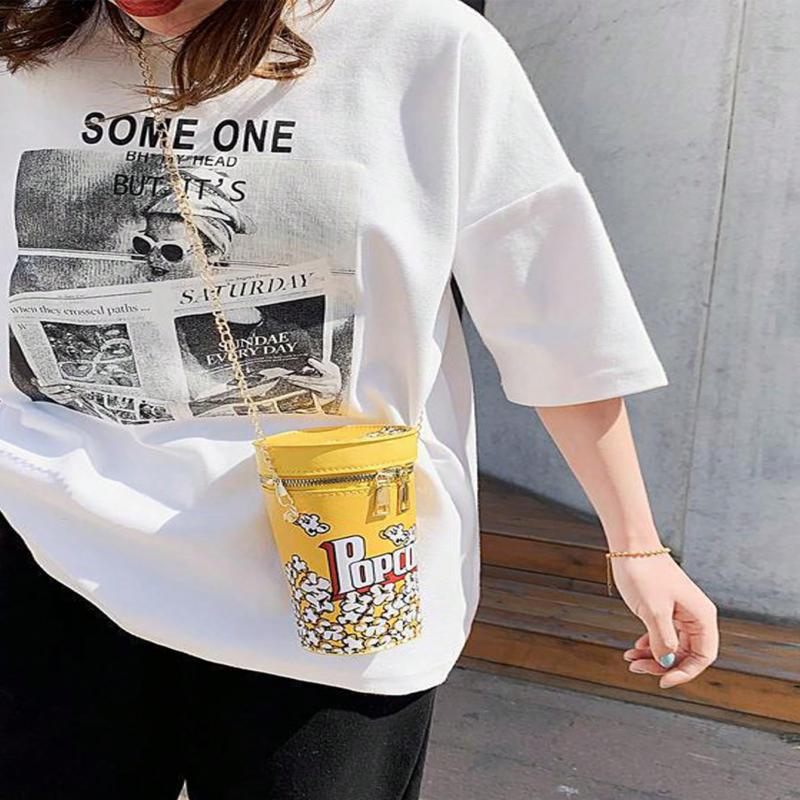 Popcorn Design Bucket Bag, Chain Crossbody Bag, Creative Cylinder Purse For Women, PU Leather Textured Bag Purse, Fancy Fashion Shoulder Bag