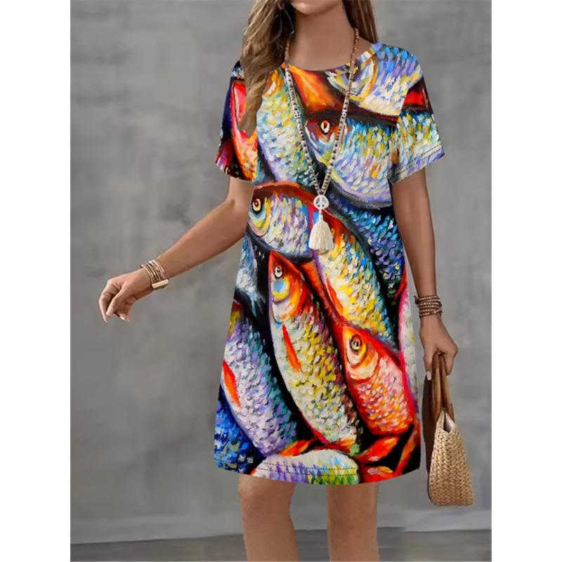 Colorful Geometric Patterns Women Short Dress Summer Fashion 3D Print Loose Mini Dress Casual Short Sleeve Ladies Party Dresses