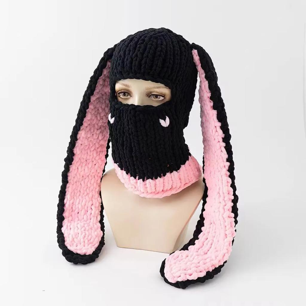 Long Bunny Ears Hat Winter Hand Made Knitted Funny Beanie Cap Thicken Warm Full Face Ski Mask Cover Balaclava For Party