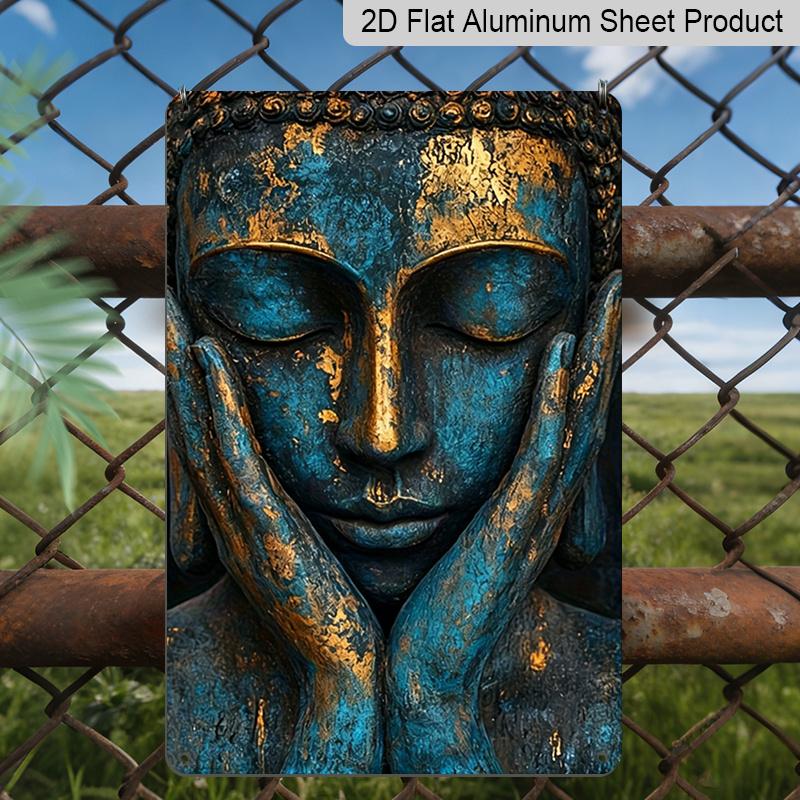 2D Flat - 1pc Vintage Statue Aluminum Wall Art, 8.0 X 12.0 Inch Decorative Sign, Zen Inspired Durable Hanging Plaque, Rustic Bronze and Turquoise
