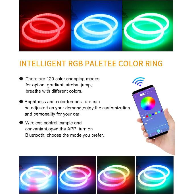 Qasim Angel Eyes Halo Rings Cotton Lights 12V 70MM RGB LED Universal for Car Scooter Motorcycle DRL Fog Light Turn Signal Light APP Bluetooth Control