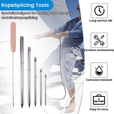 6-Piece Rope Splicing Tool Kit (Stainless Steel) Smooth Surface 0.24-0.59in Needles for Boat/Paracord/Climbing Rope Splicing