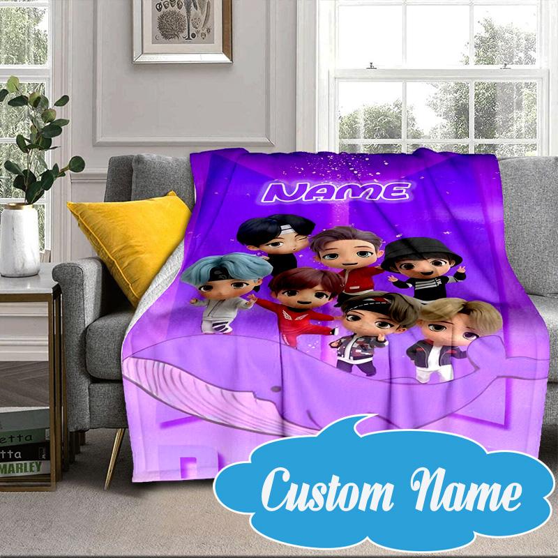 Custom Name K-pop BTS Artwork Characters Blanket bed sofa Blanket Flannel Blanket for Camping, Hiking, Picnic Essentials,gift for Fan family
