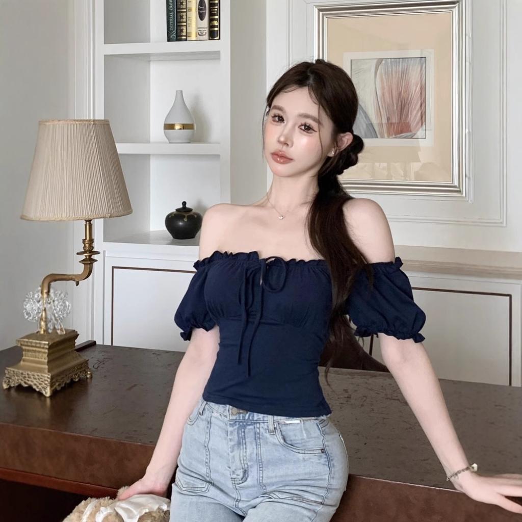 Navy blue strap square neck short-sleeved T-shirt women's summer slim fit inside Spice girl elastic slim short off-shoulder top