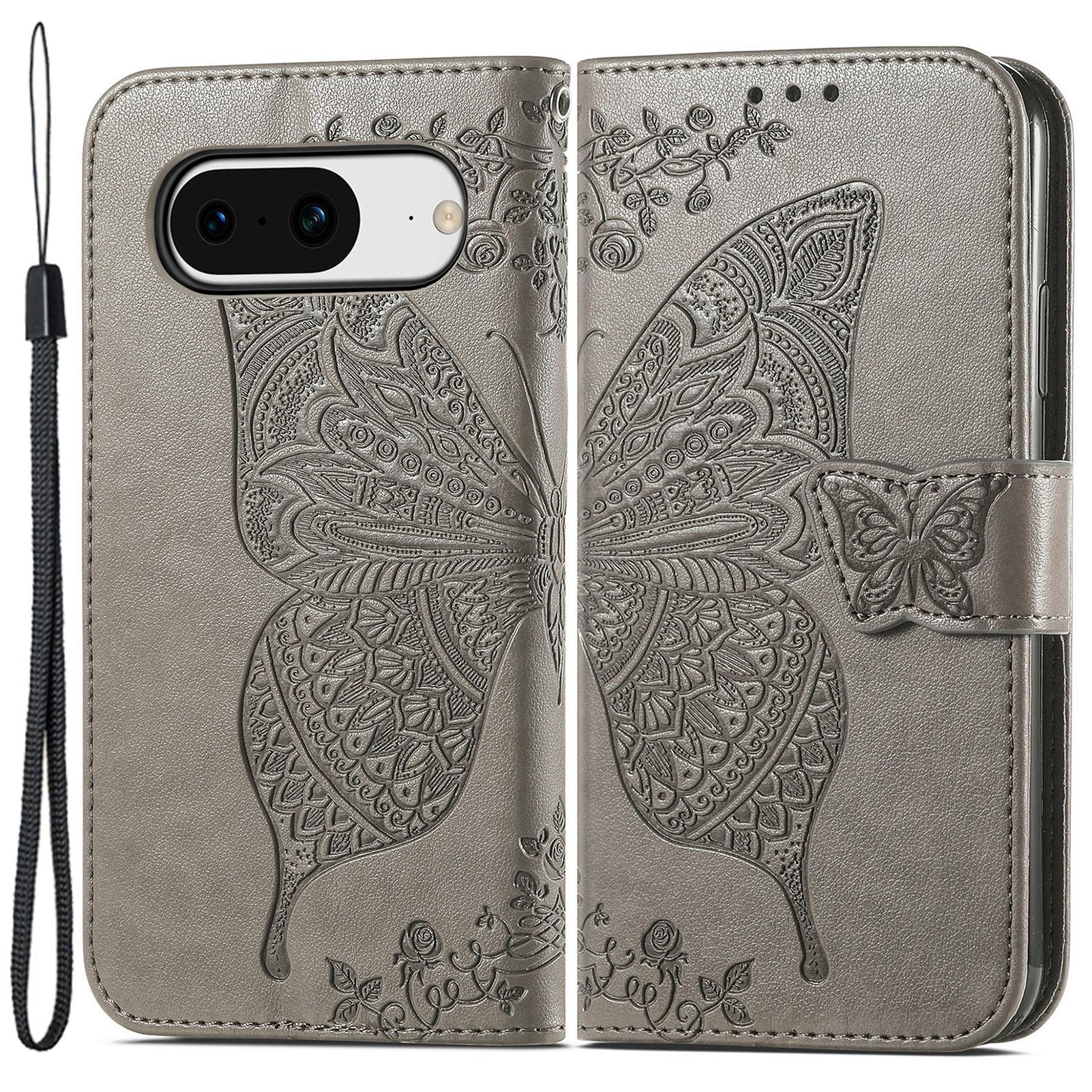 

Для Google Pixel 8 Кожаный чехол-кошелек с тиснением бабочки Противоударный чехол для телефона с подставкой Grey