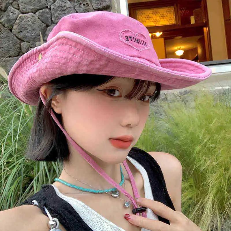 Japanese Retro Washed Cowboy Hats for Women Spring and Summer Outdoor Camping Sun Protection Sweet Pink Love Bucket Caps
