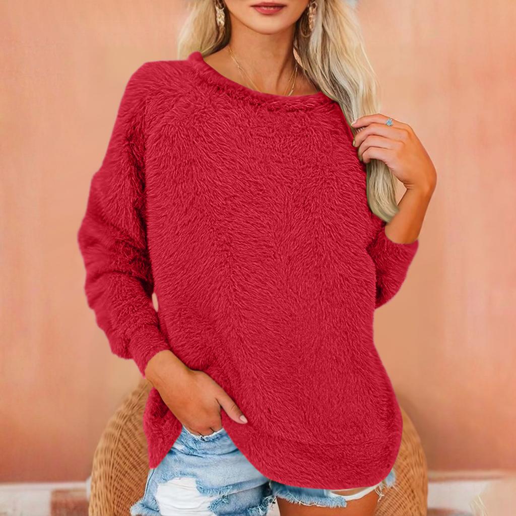 Women's Fashionable Solid Color Round Neck Long Sleeved Plush Warm Pullover Top