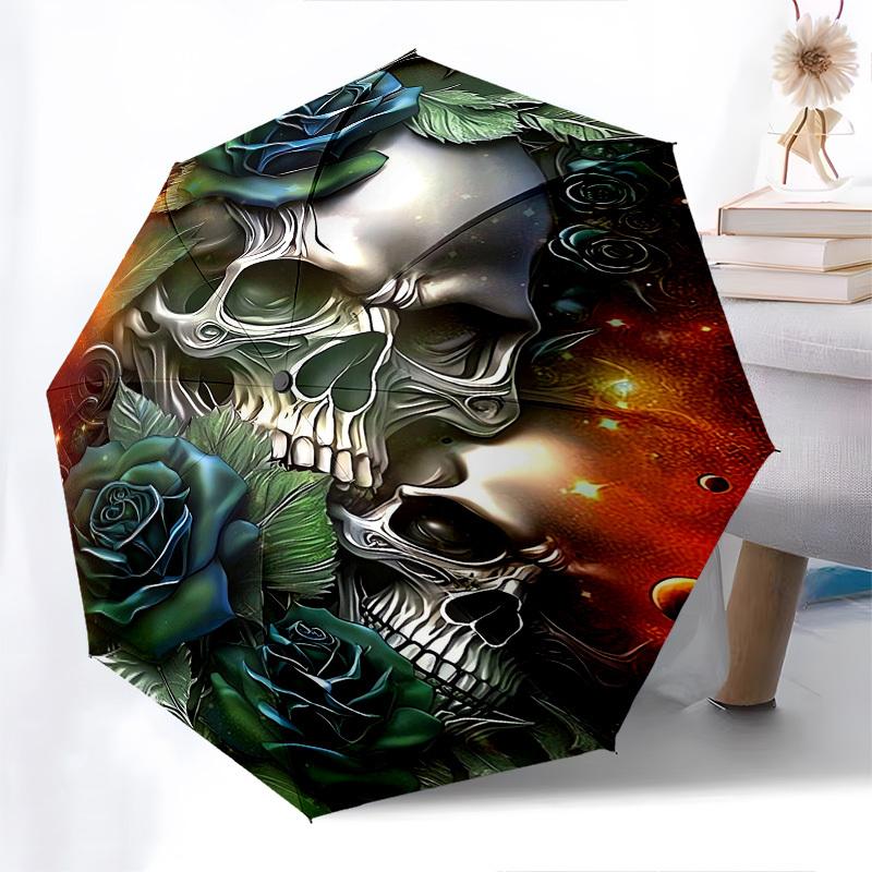 Skull Roses- Automatic Umbrella, Four Seasons Portable Folding Umbrella, Suitable for Men and Women, Travel, Daily Compact Umbrella, Outdoor