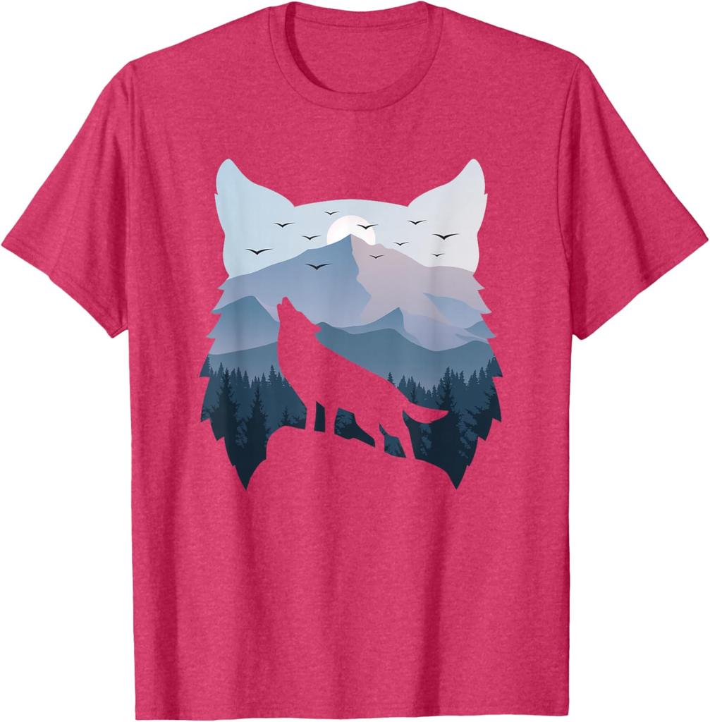 Wolf Howling Mountain Landscape Graphic Tee Men Women Casual Summer Breathable T-Shirt
