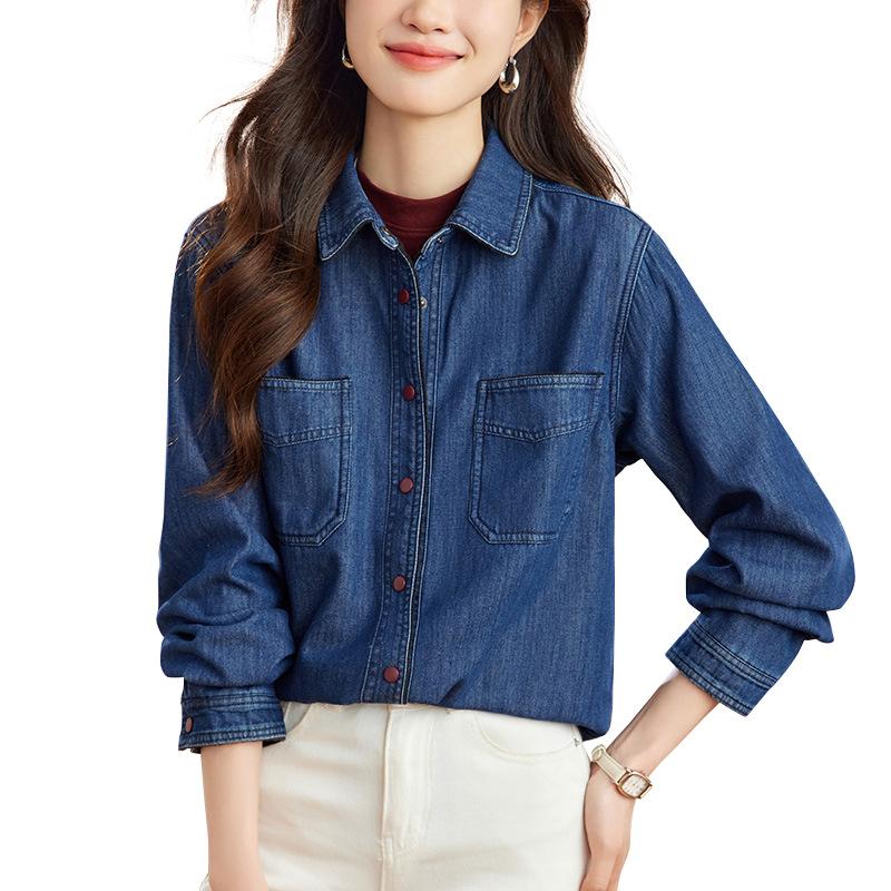 Vintage Blue Denim Blouse Jacket Womens Spring Commuter Versatile Long Sleeve Top Womens Blouse
