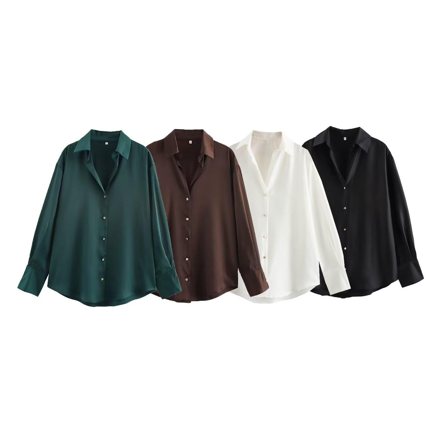 

2025 Spring Women s Fashion: V-Neck Silk Satin Long-Sleeve Shirt Medium