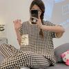 Short-sleeved long pants pajamas women's summer cartoon cute can be worn outside plaid loungewear imitation cotton suit summer thin
