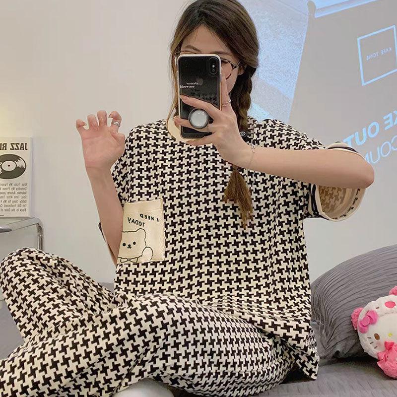 Short-sleeved long pants pajamas women's summer cartoon cute can be worn outside plaid loungewear imitation cotton suit summer thin