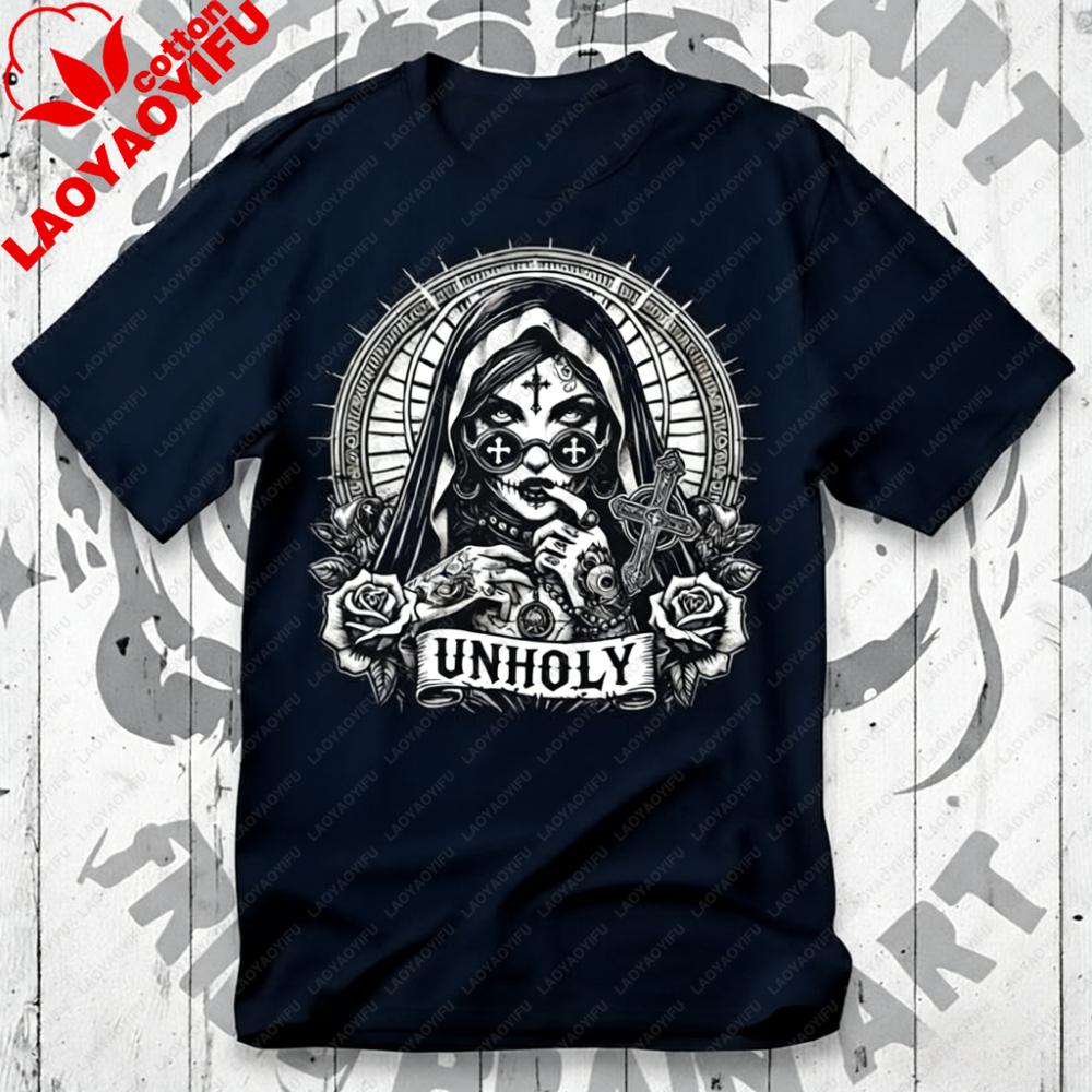 Unholy Nun T-Shirt Gothic Satan Baphomet Halloween Shirt Vintage Ästhetik Kleidung Grafik T-Shirts Y2k Oberteil Hohe Qualität Baumwolle