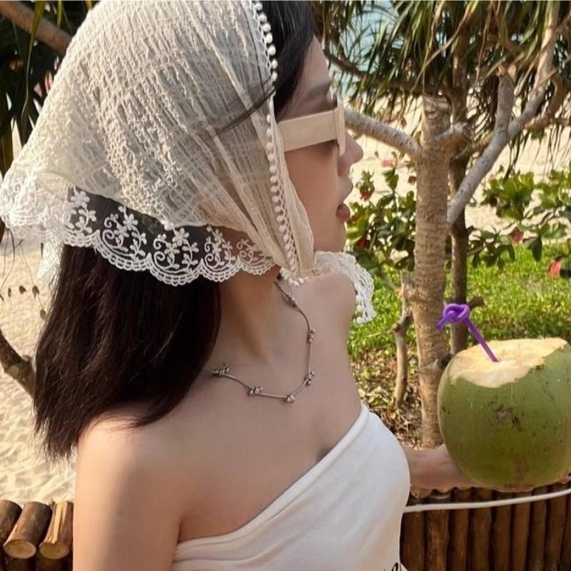 New Ins Lace Hair Scarf Floral Print Transparent Headscarf Hat Retro Triangle Hair Band Women Travel Photo Headband Accessories