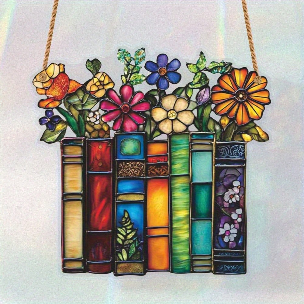 1pcs2D Flat Flower Book Acrylic Hanging Decoration, Library Book Window Hanging, Reader Gift, Bookish Library Decoration