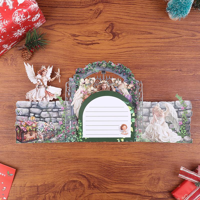 Retro Oljemålning Julängel Dubbeldörr Tre-dimensionellt Grattiskort, Vacker Ängel, Utsökta Stora Vingar, Jul