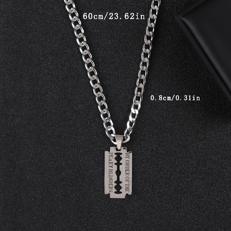 Men's stainless steel razor blade pendant necklace with a Cuban chain—a sharp razor design, durable and modern streetwear accessory.