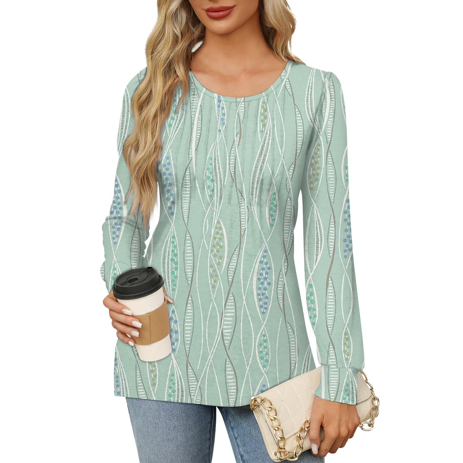 Женская повседневная плиссированная футболка с круглым вырезом и длинными рукавами — фото 5